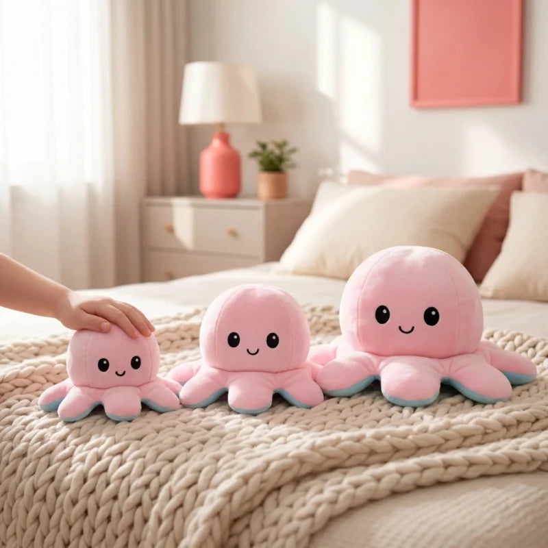 Pink and blue double-sided flip octopus plush toys resting on a beige blanket.