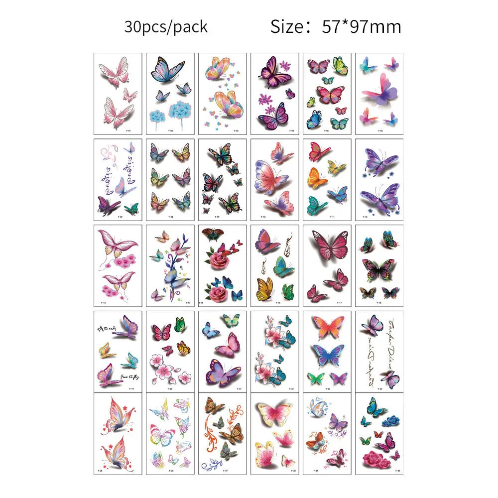 A collection of 30 temporary tattoos featuring various colorful butterfly and floral designs for kids and adults.