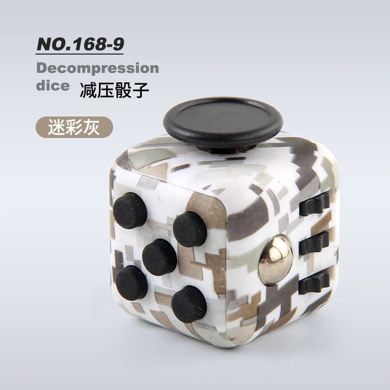 A white and brown patterned fidget cube with a black top and magnetic buttons.