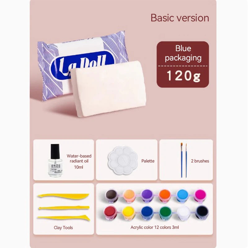 Basic version of Air-Dry Stone Plastic Clay for Sculpting & Crafting with blue packaging and tools