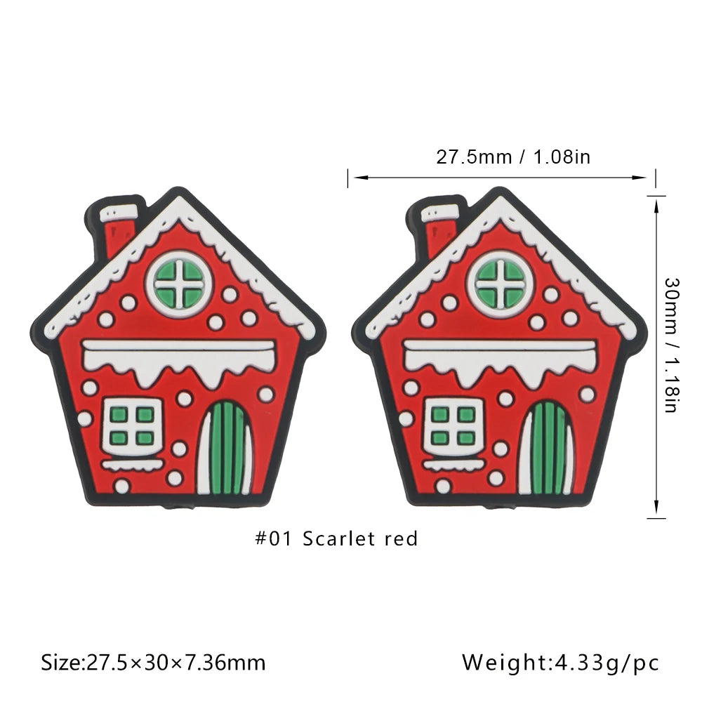 Scarlet red festive Christmas silicone bead shaped like a house with green accents
