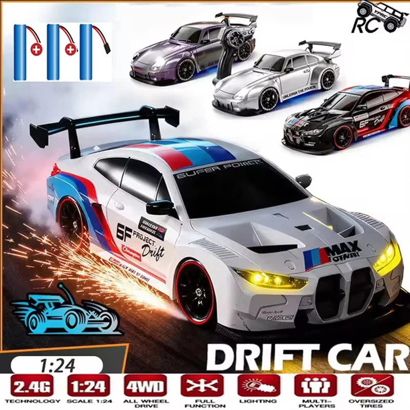 A scale model of a white drift car is shown with various accessories and other RC cars.