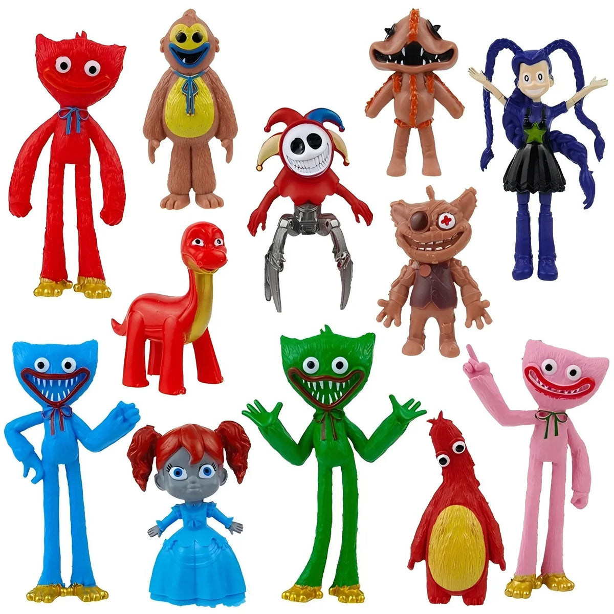 A collection of colorful Poppy Playtime character dolls and figures.