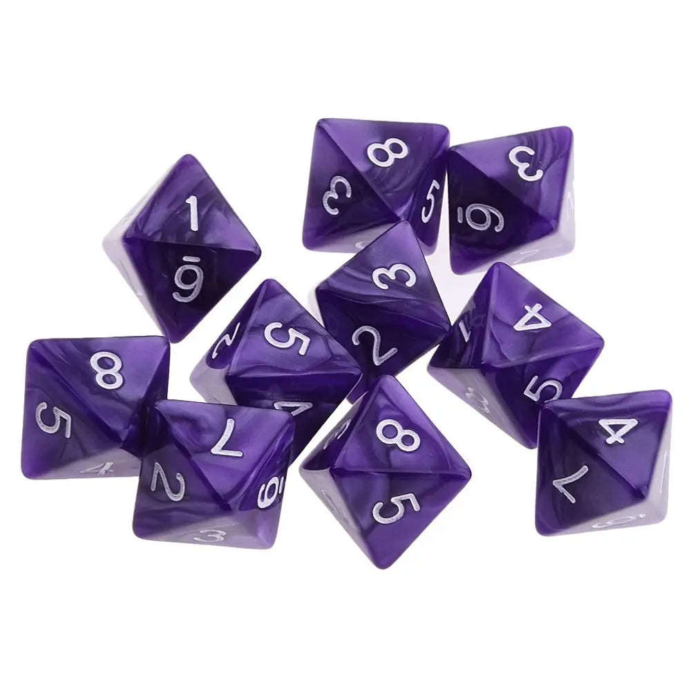 A set of ten purple acrylic polyhedral dice, including d4, d6, d8, d10, d12, and d20.