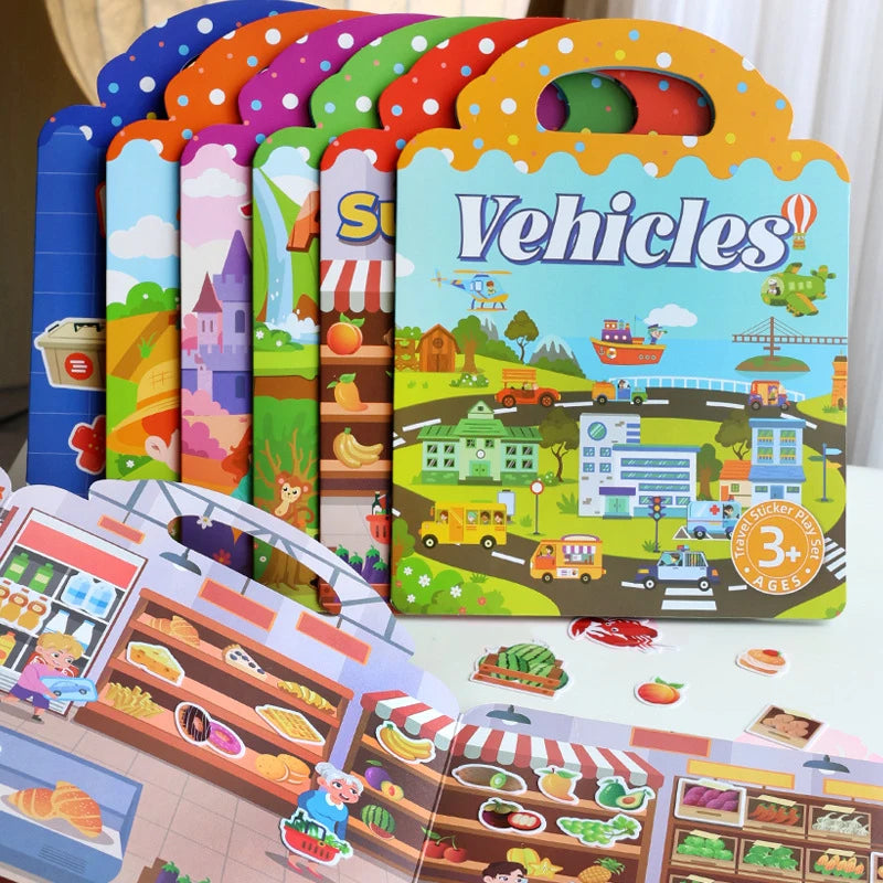A colorful sticker book featuring vehicles and scenes for kids, with various reusable stickers.