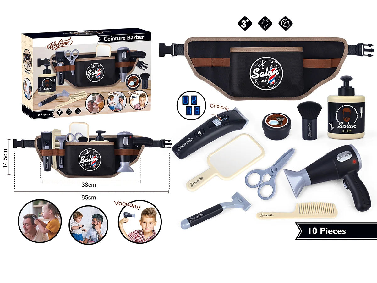 A set of 10 grooming and styling tools for a kids pretend hair salon, including clippers, scissors, brushes, and combs.