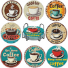 A set of eight diamond art coasters featuring various coffee-themed designs including cups, mugs, and text like Good Day Coff