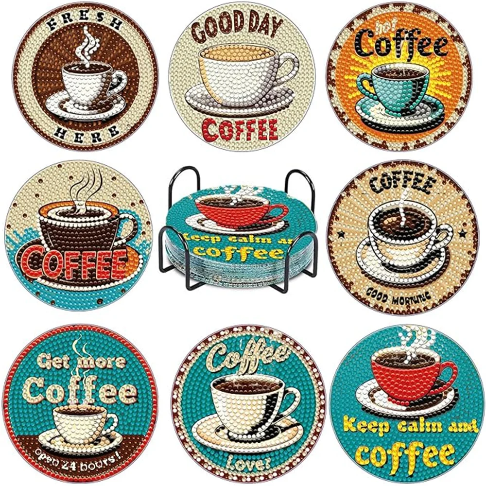 A set of eight diamond art coasters featuring various coffee-themed designs including cups, mugs, and text like Good Day Coff