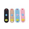 Four silicone teething sticks in black, beige, blue, and pink with numbered buttons