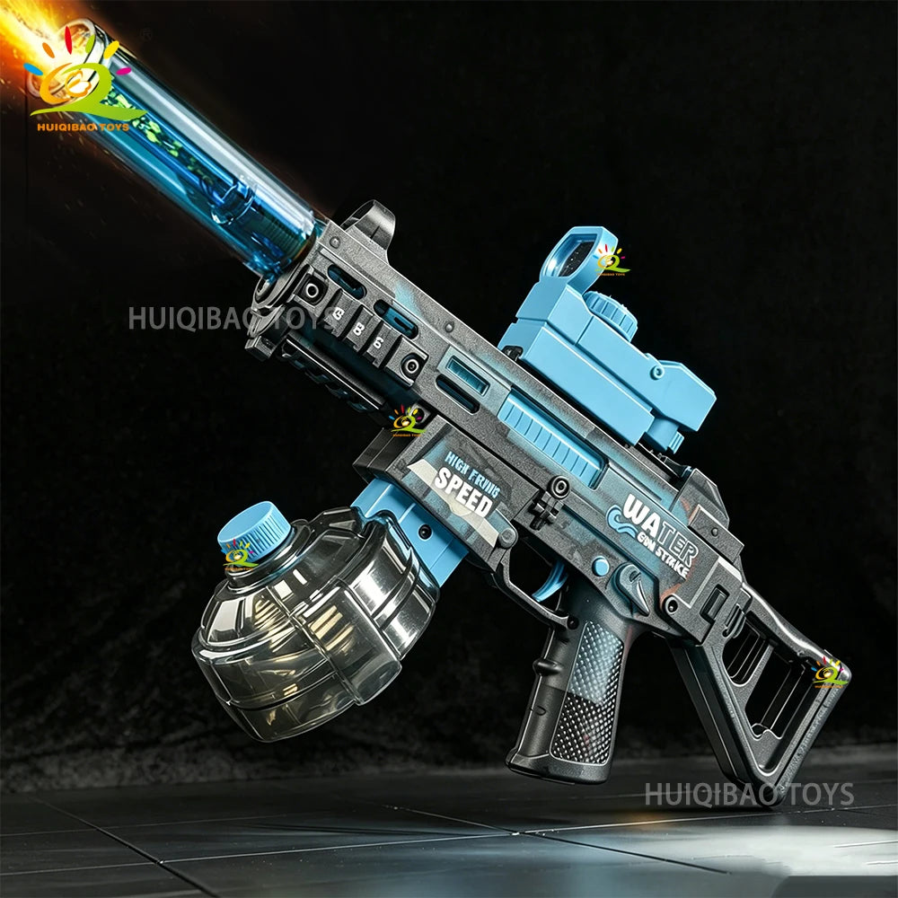 A blue automatic electric UMP45 water blaster is shown firing a stream of water against a dark background.