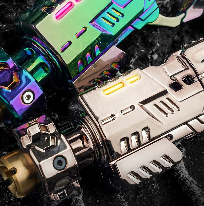 A close-up of an alloy shell-ejecting toy pistol and fidget spinner set with iridescent green and silver components.