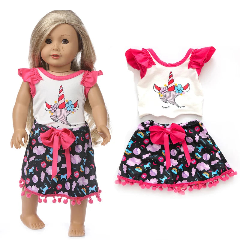 A doll wearing a white top and black skirt outfit set with pink ruffled sleeves and a bow detail.