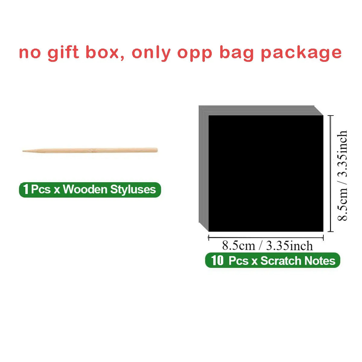 A package containing wooden styluses and scratch notes for a rainbow art craft set.