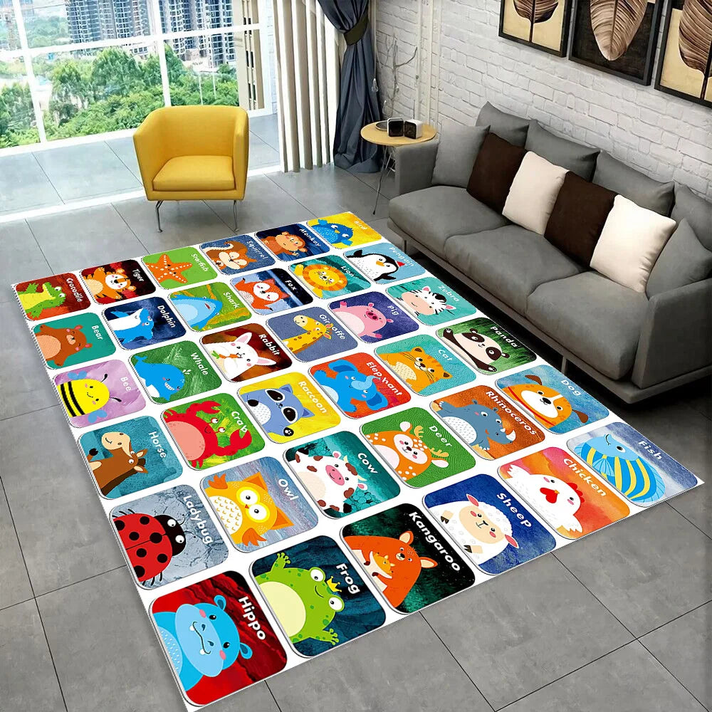 A colorful ABC alphabet cartoon kids playroom rug featuring various animal characters for educational play.