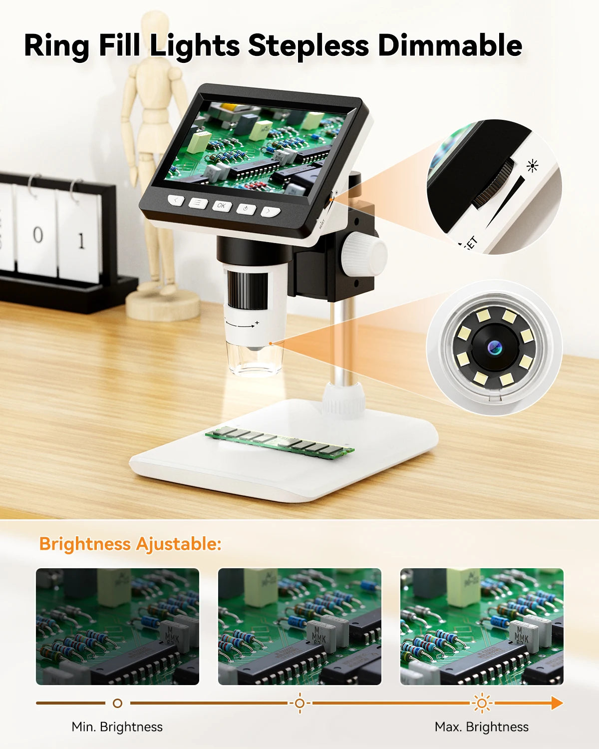 A portable digital microscope with a screen and light source is shown on a white base.