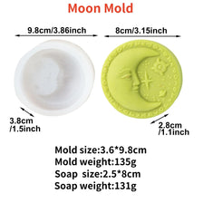 A silicone moon mold used for making candles or soap, shown next to the finished yellow moon-shaped product.
