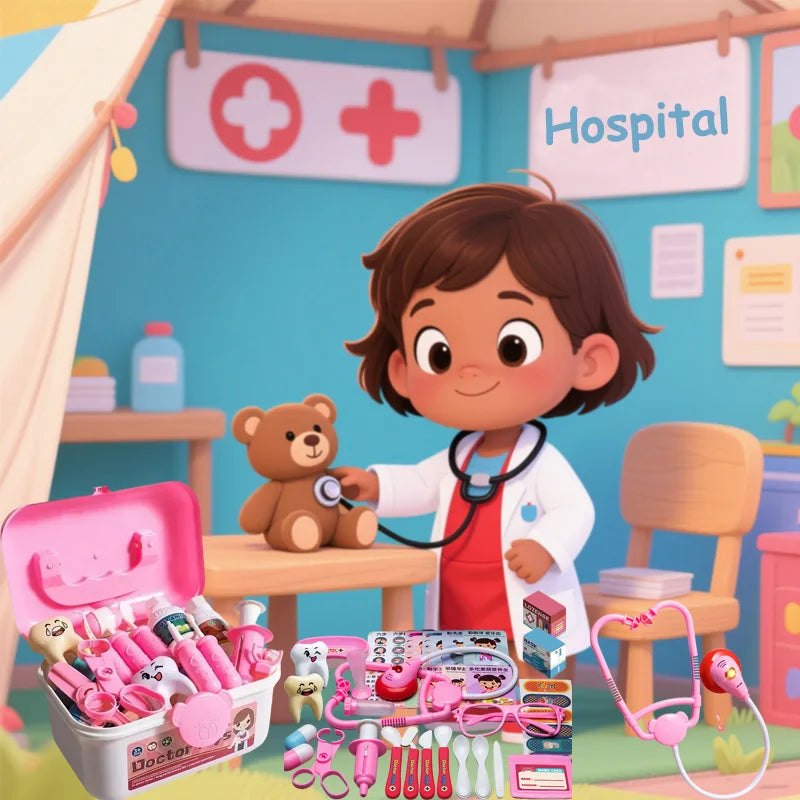 A kids doctor role play set featuring a medical trolley with various tools and stuffed animals in a hospital setting.