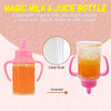 A magic milk and juice bottle set showing an upright orange liquid bottle and an inverted version flowing to a nipple.