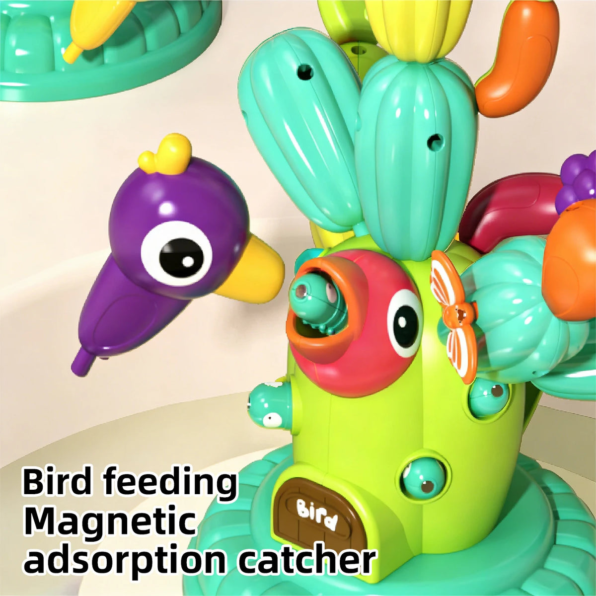 A colorful bird feeding magnetic adsorption catcher toy featuring plastic cactus shapes.