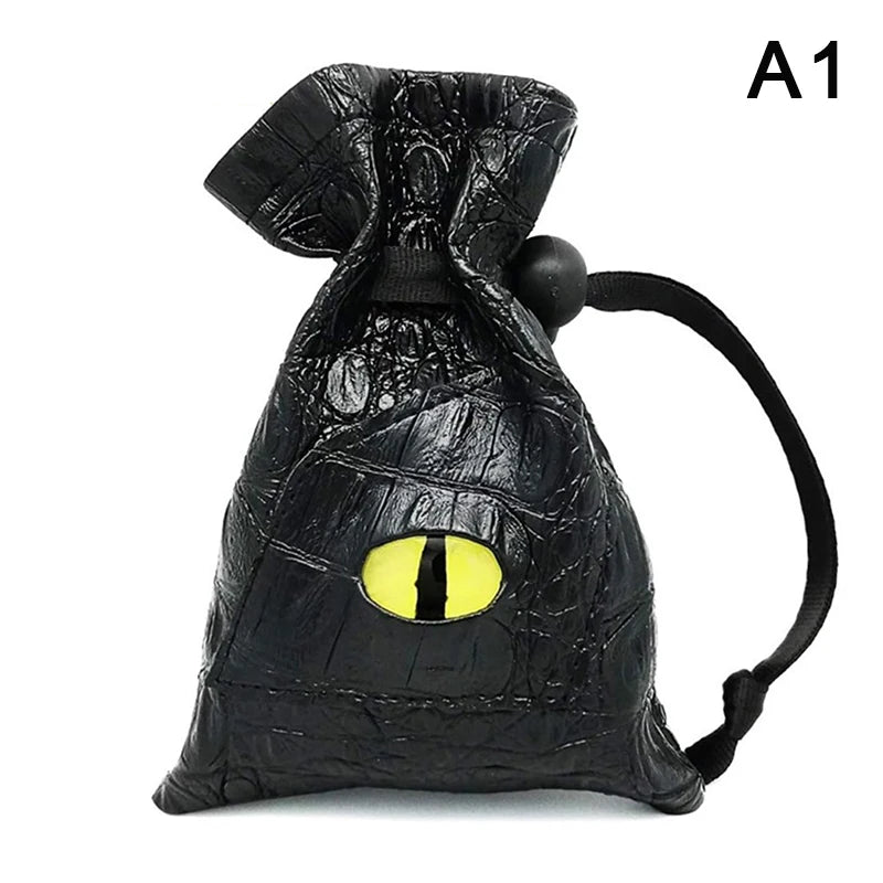 Black PU leather drawstring dice bag with an organizer compartment and a yellow eye design