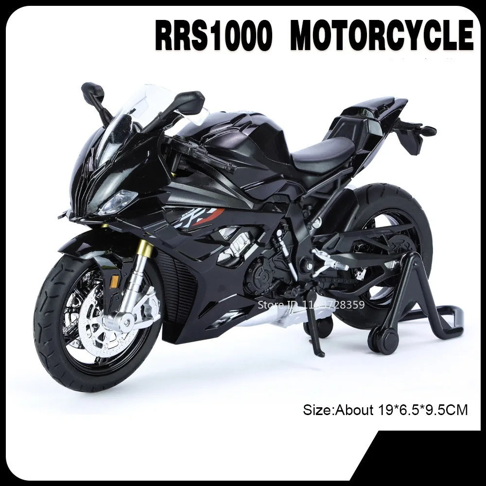 A black 1:12 scale die-cast model motorcycle with front steering visible in a studio setting.