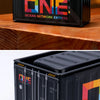A black industrial iron storage box labeled ONE OCEAN NETWORK EXPRESS with an openable lid.
