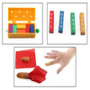 An orange box containing colored cards and a red envelope with rolled-up paper for a beginner magic kit.