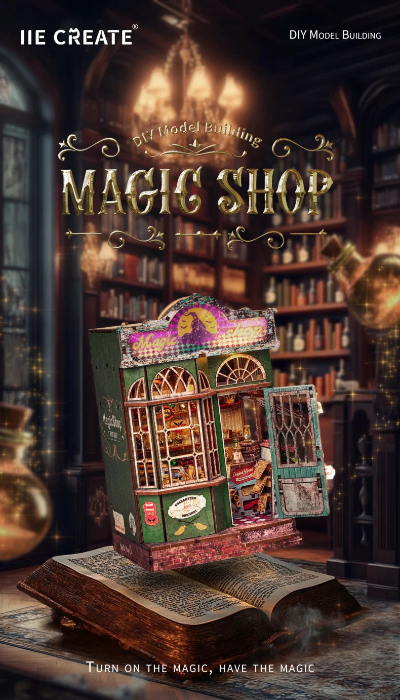 A detailed diorama of a magic shop featuring an ornate wooden miniature book nook kit for dollhouse display.