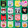 A collection of colorful cartoon cotton feeding bibs for infants and toddlers featuring various animals and characters.