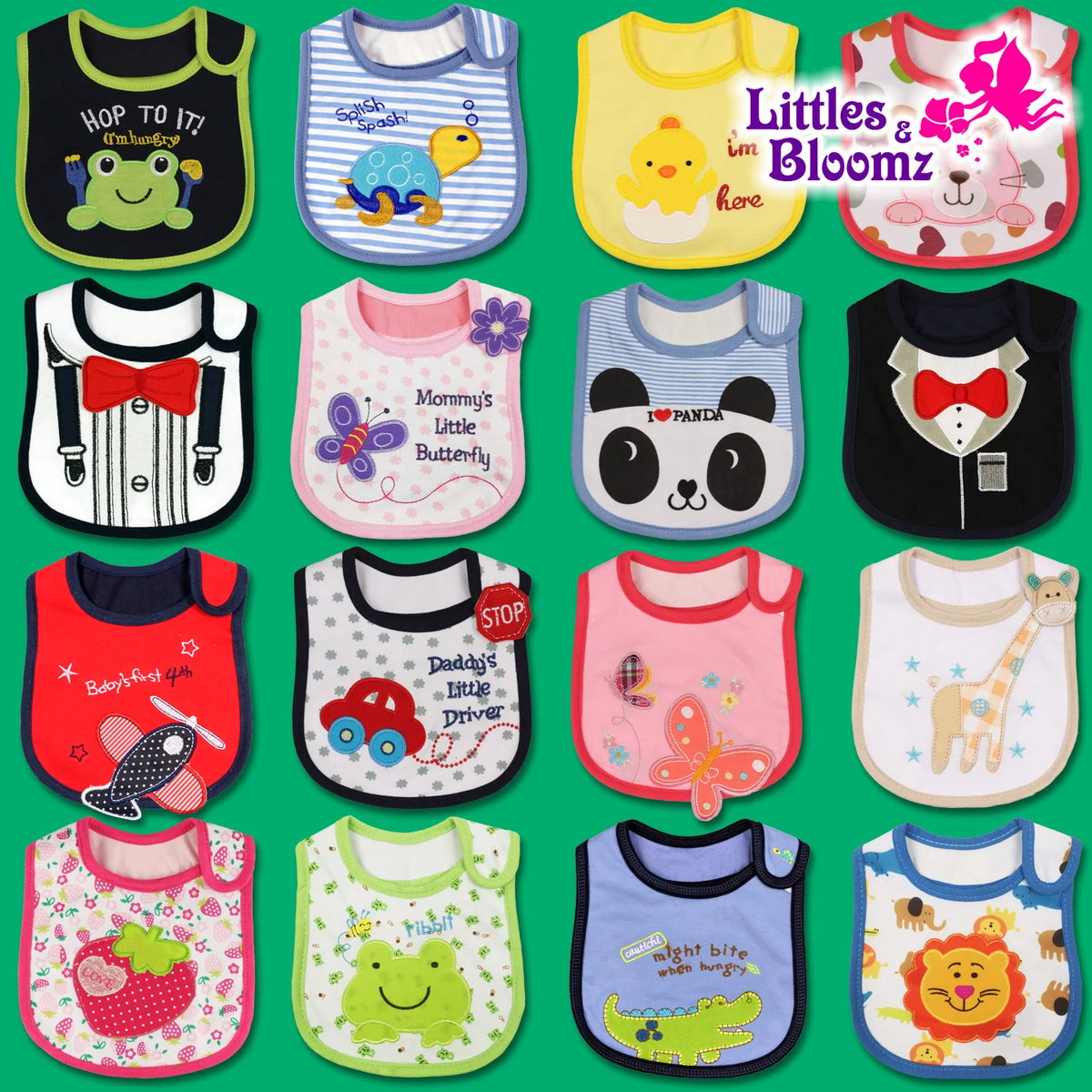 A collection of colorful cartoon cotton feeding bibs for infants and toddlers featuring various animals and characters.