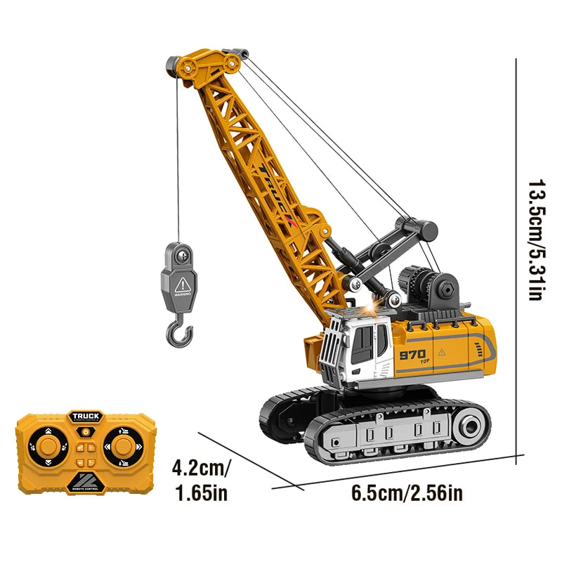A yellow mini remote control excavator model with a hydraulic arm and tracks is shown.