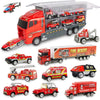 A diecast playset featuring various red and orange construction vehicles including a dump truck and a fire rescue truck.