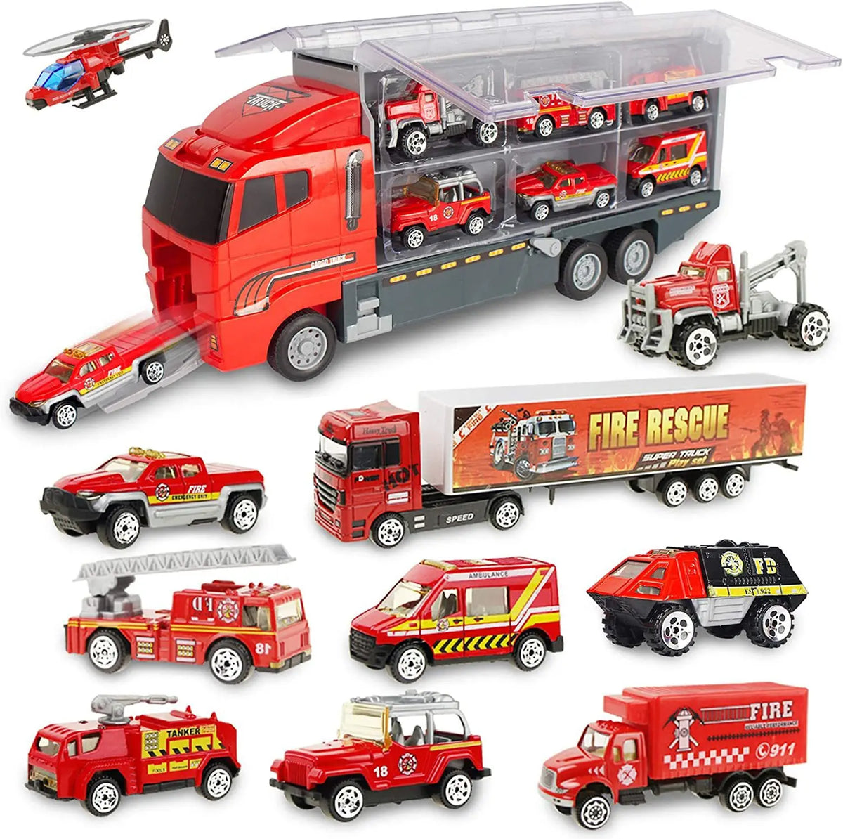 A diecast playset featuring various red and orange construction vehicles including a dump truck and a fire rescue truck.