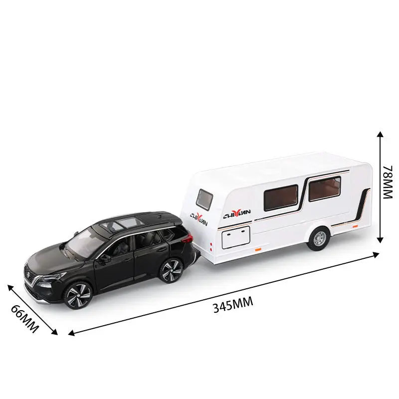A white diecast metal RV camper truck model with sound and light, shown in profile view.