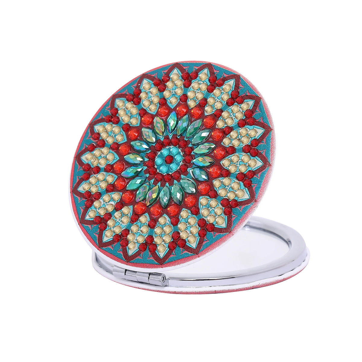 DIY diamond art folding mirror with a leather cover featuring a colorful, geometric design.