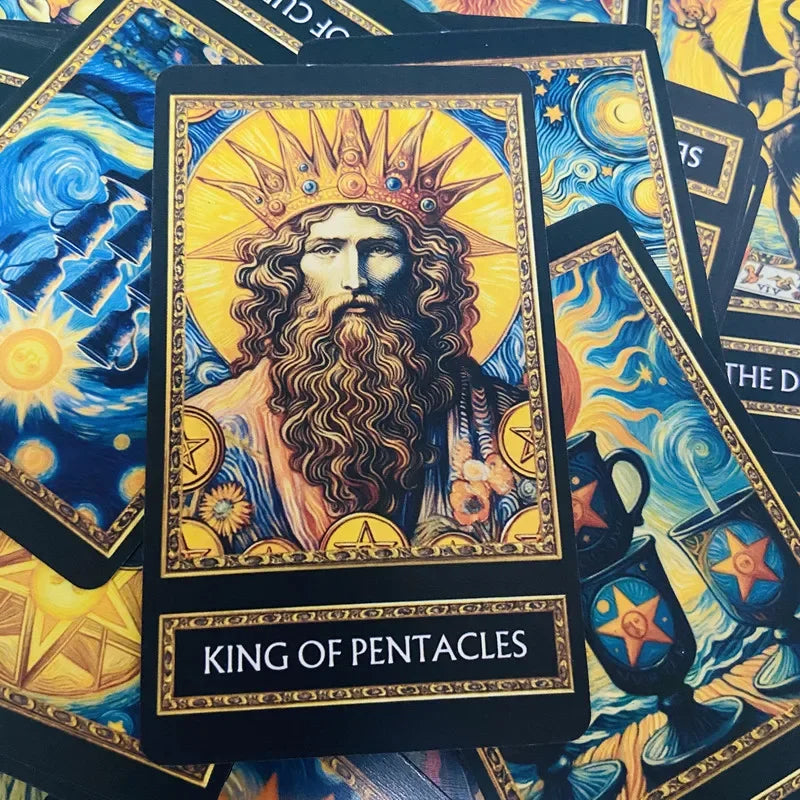 A tarot card depicting the King of Pentacles with a bearded face, gold crown, and rich robes against a dark background.