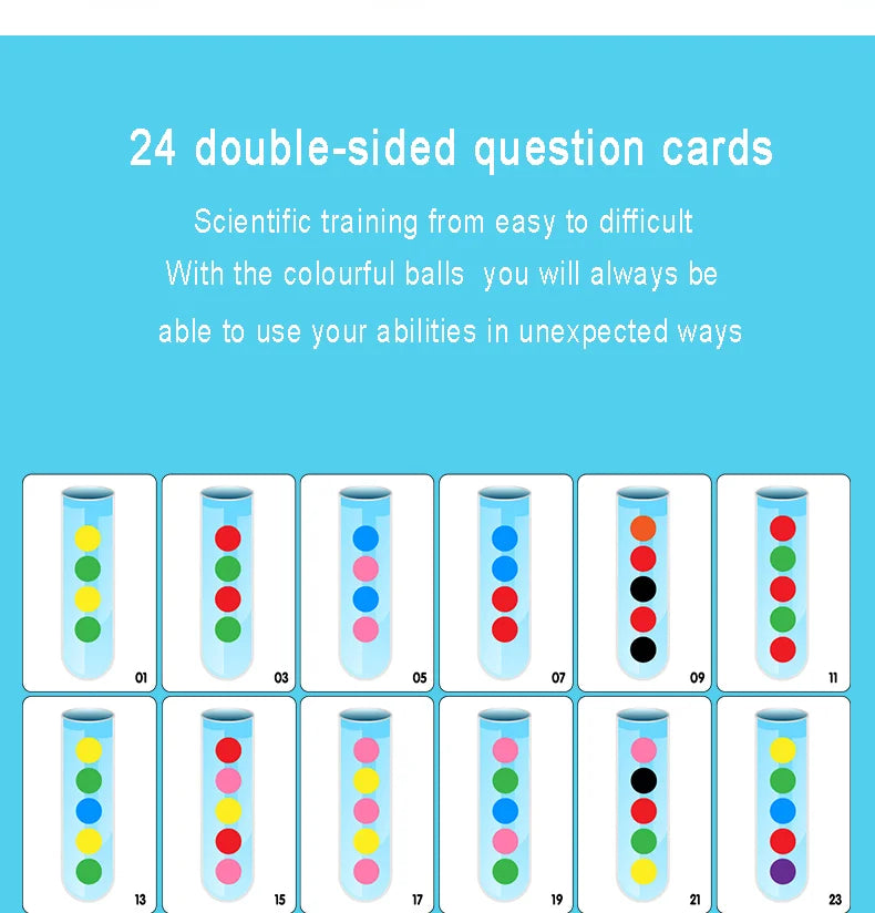 A set of 24 double-sided question cards for scientific training with colorful balls.