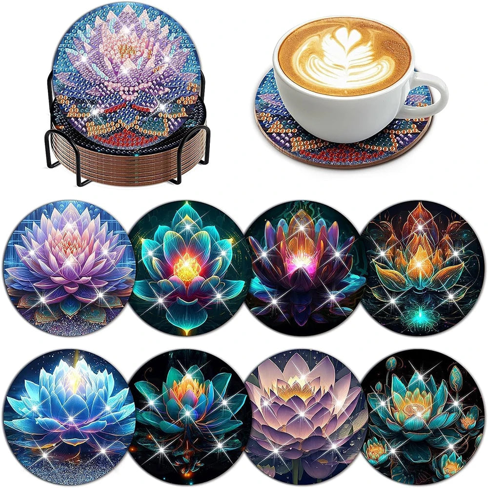A collection of nine colorful floral mandala coasters and a holder for diamond art kits.