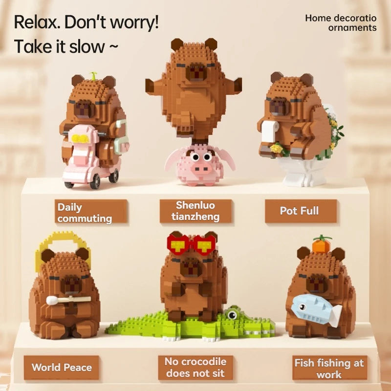 A set of wooden building blocks depicting various animals like a bear, pig, and crocodile in different scenes.