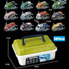 A set of mini pull-back cars in various sizes and colors displayed next to a storage bucket.