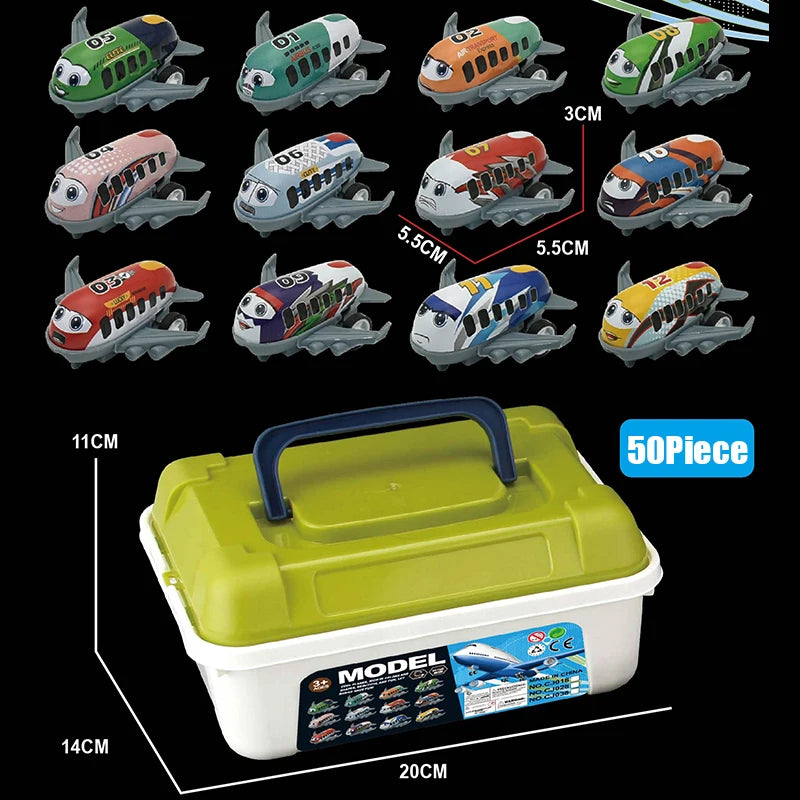 A set of mini pull-back cars in various sizes and colors displayed next to a storage bucket.