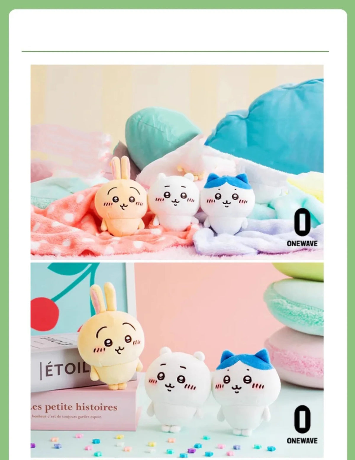 A collection of Chiikawa Usagi plush keychains and charms in various colors displayed on a pink background.
