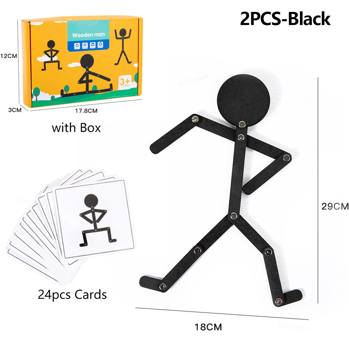 A set of two black wooden stick puzzles for children, including cards and a complete puzzle structure.