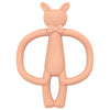 A soft peach-colored silicone toy shaped like a rabbit with a bow, designed as a teething toy for babies.