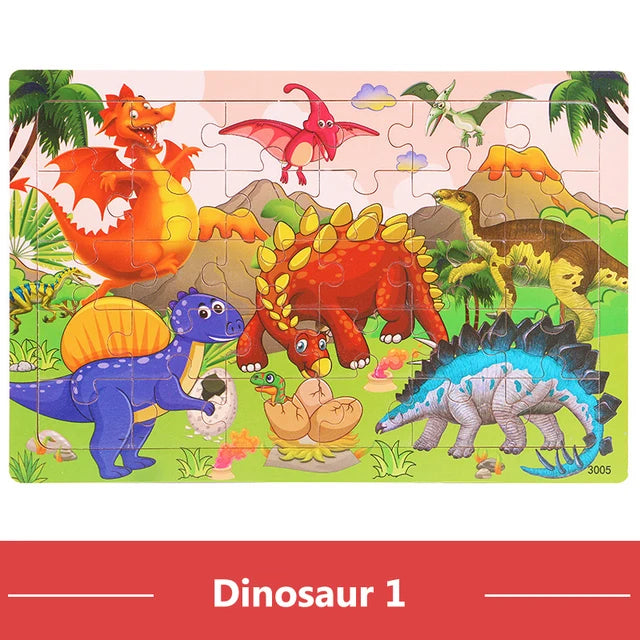A colorful wooden jigsaw puzzle featuring various dinosaurs like a Tyrannosaurus Rex, Velociraptor, and Triceratops.