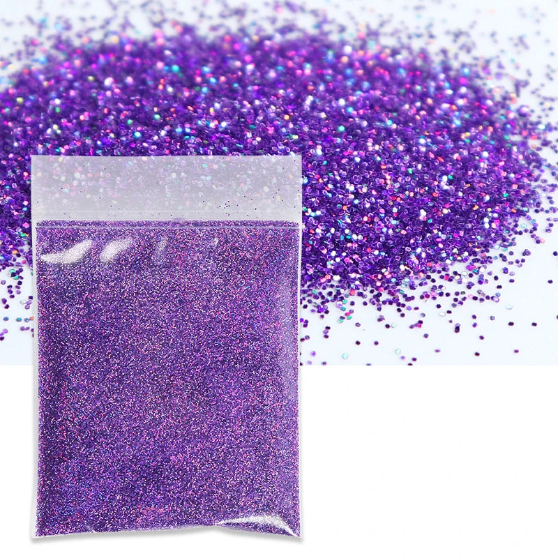 A small clear bag filled with vibrant purple holographic glitter powder scattered around it.