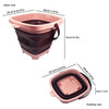 A pink and brown expandable sand bucket toy shown in both open and folding sizes.