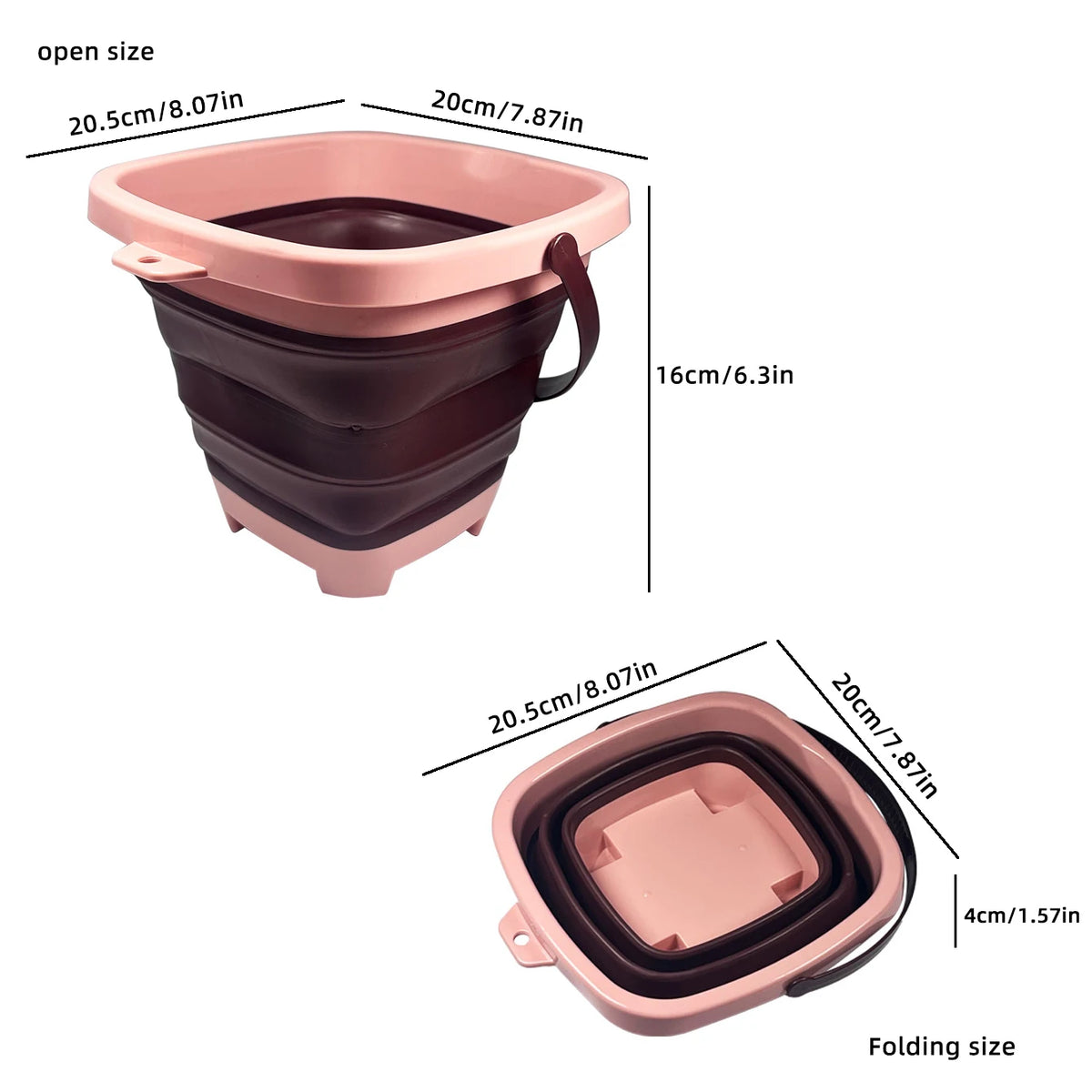 A pink and brown expandable sand bucket toy shown in both open and folding sizes.