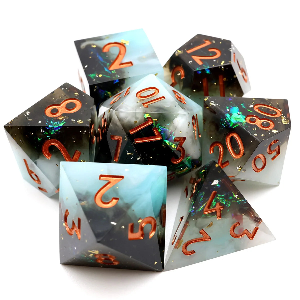 A collection of seven polyhedral resin dice showing various numbers and colors on a white surface.