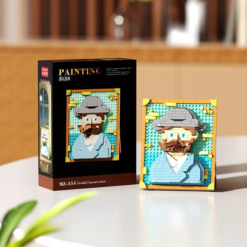 A box and assembled model of a man in a hat made from pixel art building blocks.